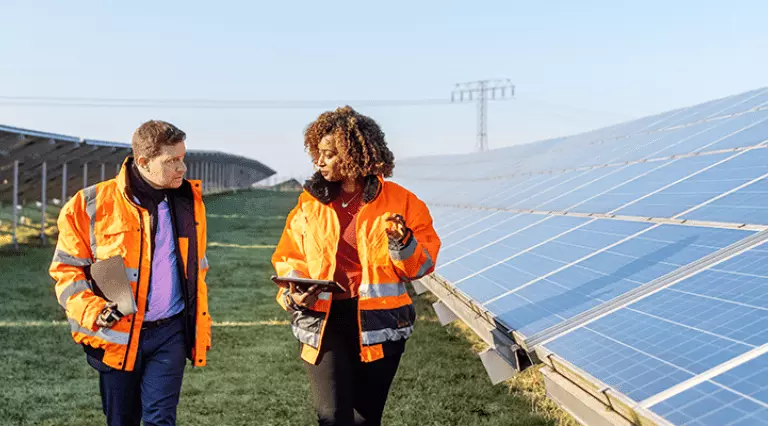 Two engineers walking through a ground mount solar array